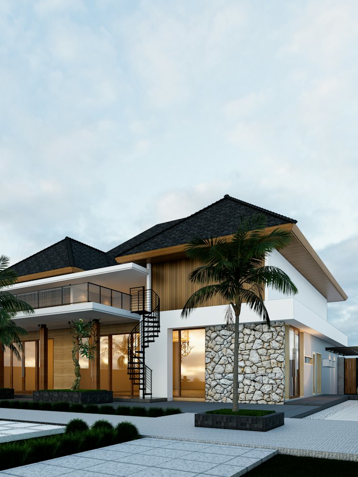Nhà vườn nhiệt đới với cầu thang xoắn