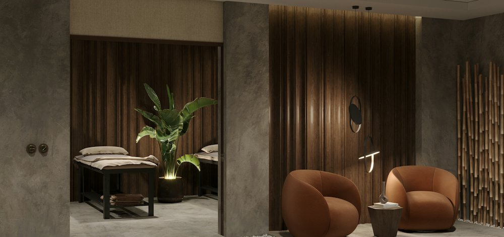 Phòng trị liệu đôi và khu ghế thư giãn với vách tre