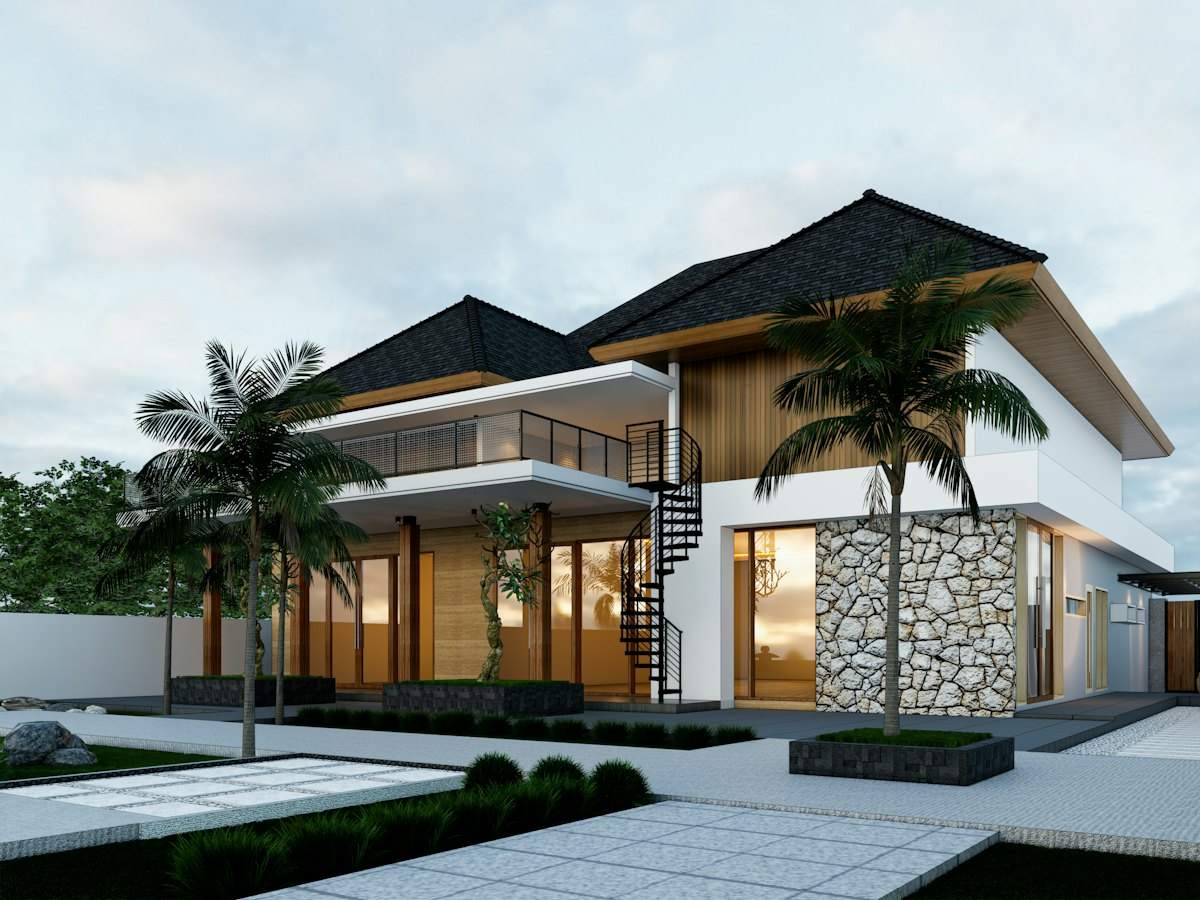 Nhà vườn mái dốc giữa hàng cau và sân cỏ